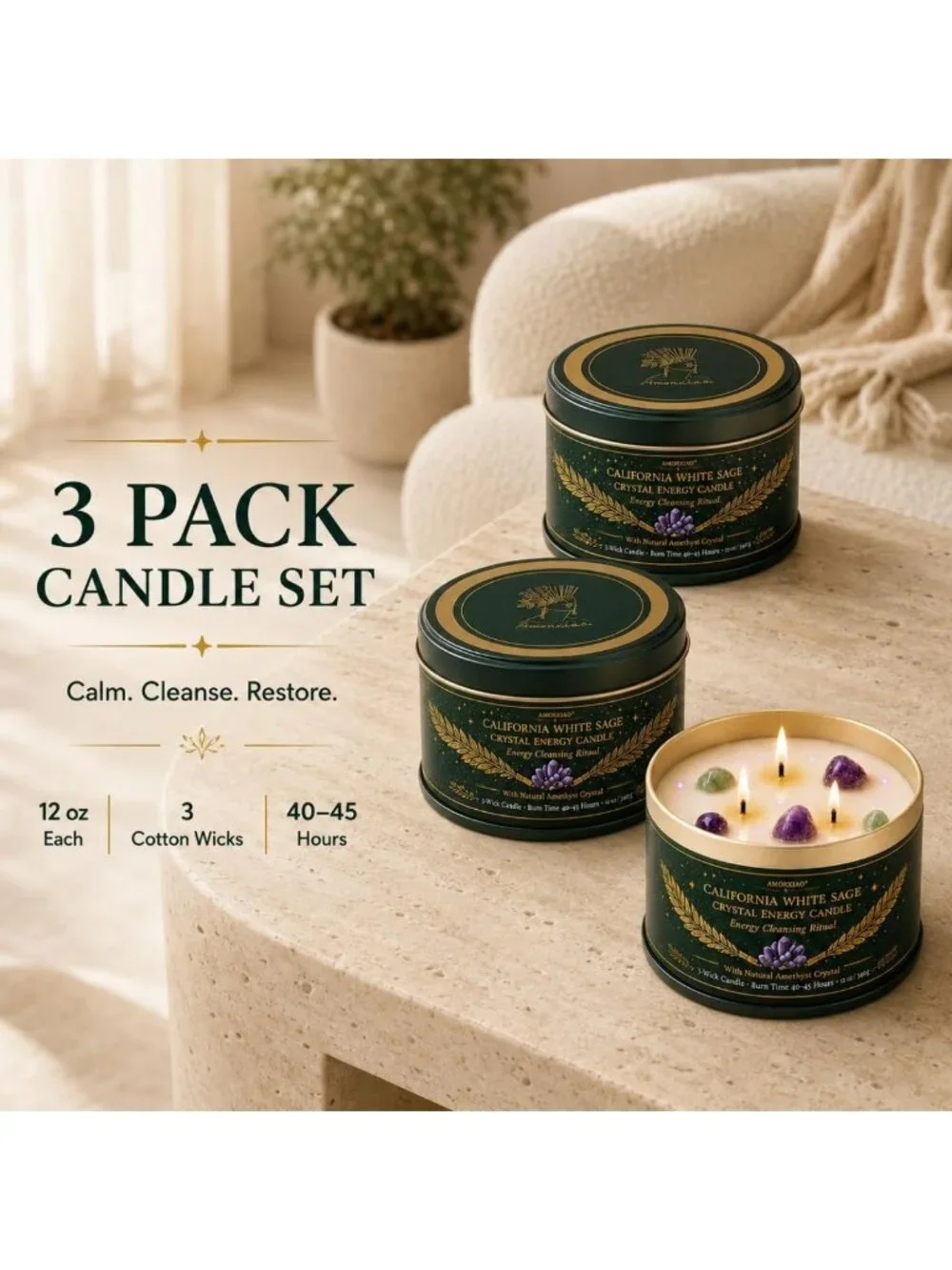 Cleansing Sage Candle Set - 3 Pack Scented Jar Candles with Healing Crystals